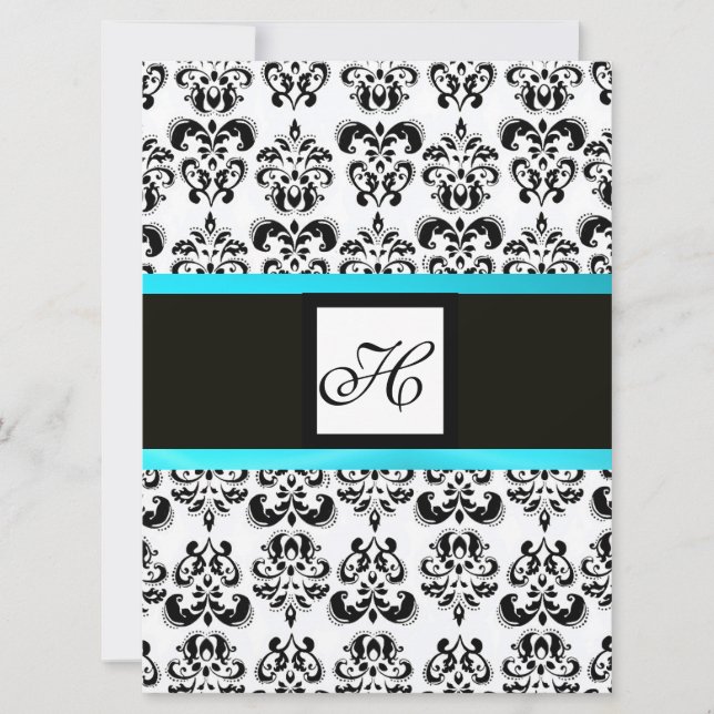 DAMASK MONOGRAM,svart och vit,blå turkos Inbjudningar (Framsida)
