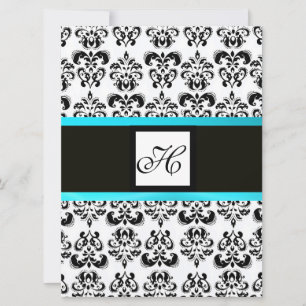 DAMASK MONOGRAM,svart och vit,blå turkos Inbjudningar