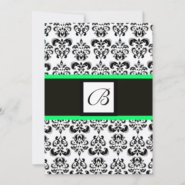 DAMASK MONOGRAM,svart och vit,grön Inbjudningar (Framsida)