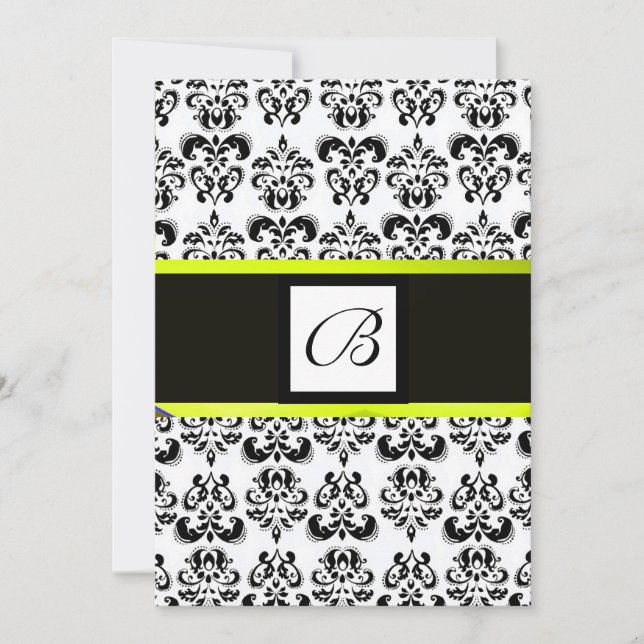 DAMASK MONOGRAM,svart och vit,gul Inbjudningar (Framsida)