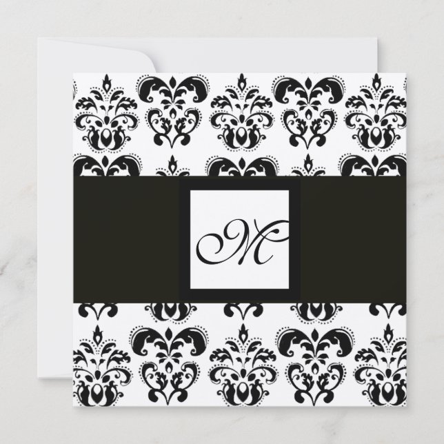DAMASK MONOGRAM,svart och vit,guldmetallic Inbjudningar (Framsida)