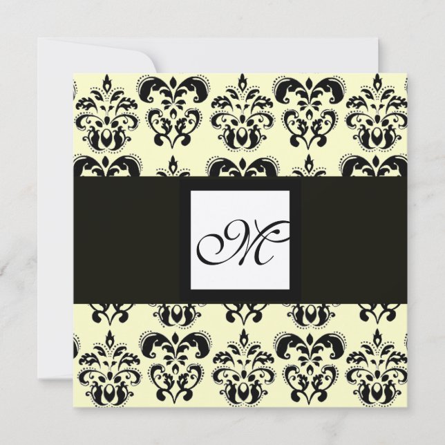 DAMASK MONOGRAM,svart och vit,guldmetallic Inbjudningar (Framsida)