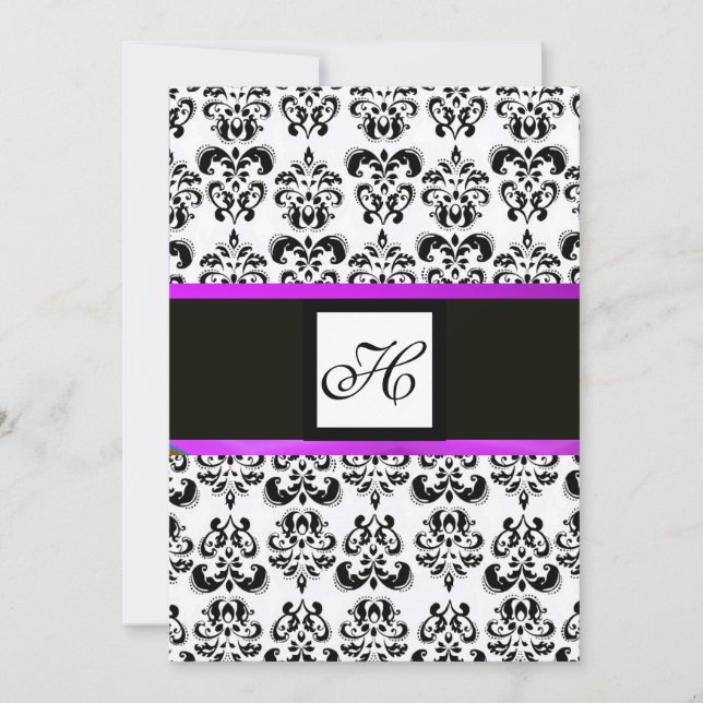 DAMASK MONOGRAM,svart och vit, lila Inbjudningar (Framsida)