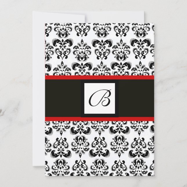 DAMASK MONOGRAM,svart och vit,röd Inbjudningar (Framsida)