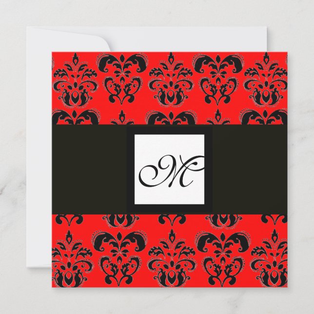 DAMASK MONOGRAM,svart och vit, röd Inbjudningar (Framsida)