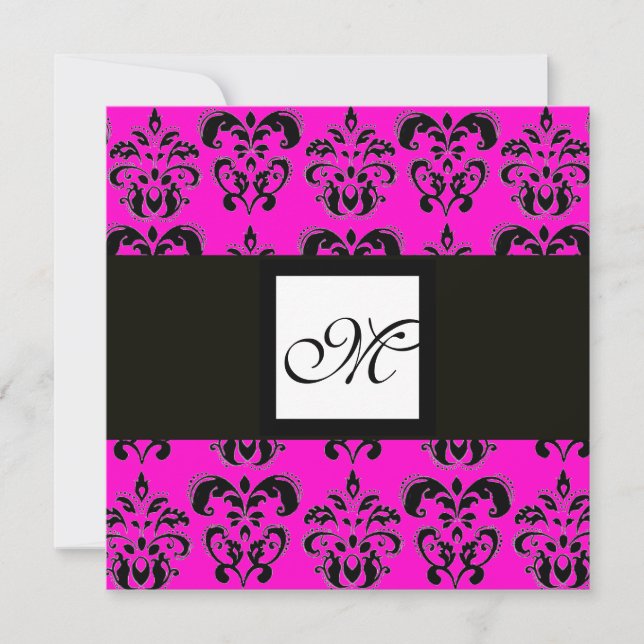 DAMASK MONOGRAM, svart och vit, rosa fuchsia Inbjudningar (Framsida)
