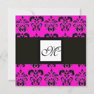DAMASK MONOGRAM, svart och vit, rosa fuchsia Inbjudningar