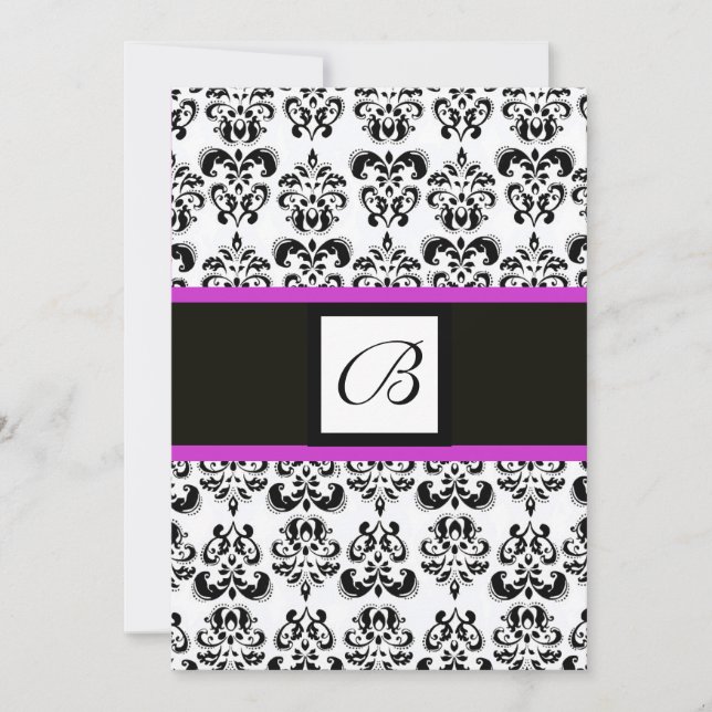 DAMASK MONOGRAM,svart och vit,rosa lila Inbjudningar (Framsida)