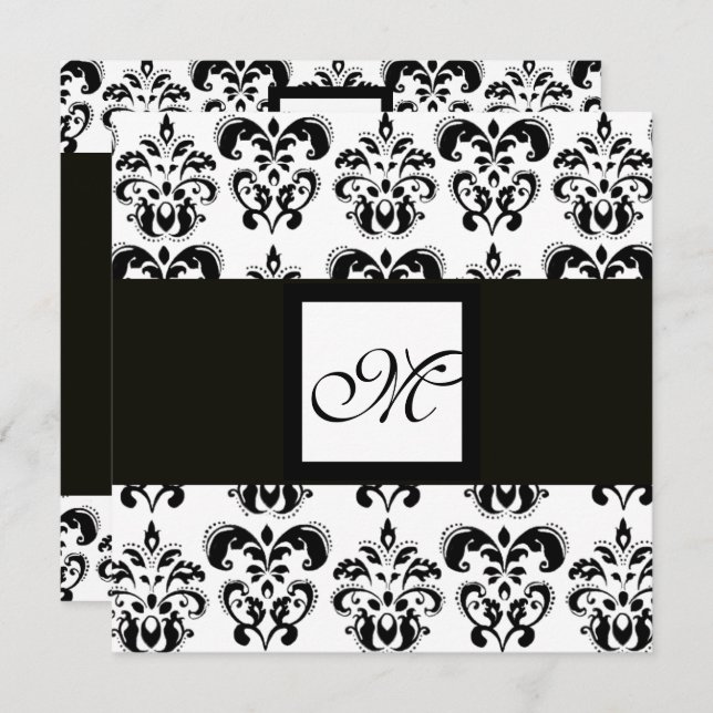 DAMASK MONOGRAM,svart och vit,silvermetallisk Inbjudningar (Fram/baksida)