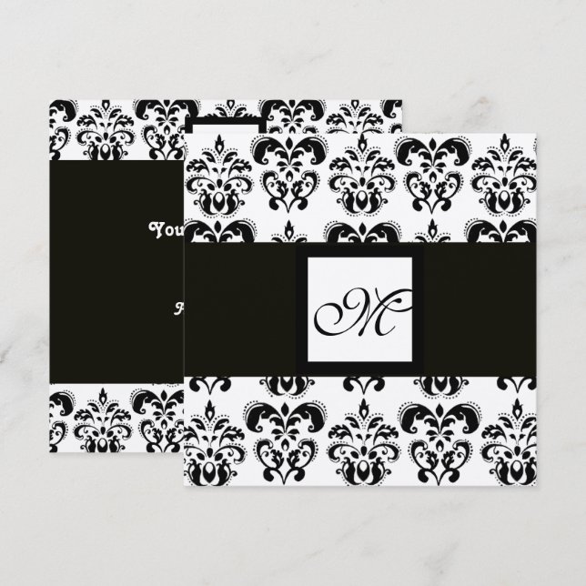 DAMASK MONOGRAM,svart och vit,silvermetallisk Inbjudningar (Fram/baksida)