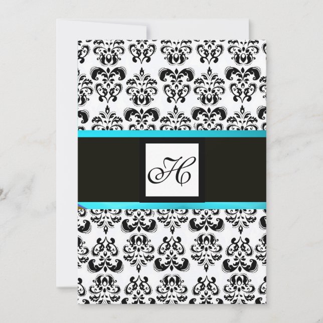 DAMASK MONOGRAM, svart och vitt,blå turkvas Inbjudningar (Framsida)