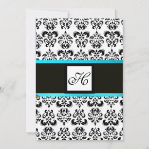 DAMASK MONOGRAM, svart och vitt,blå turkvas Inbjudningar