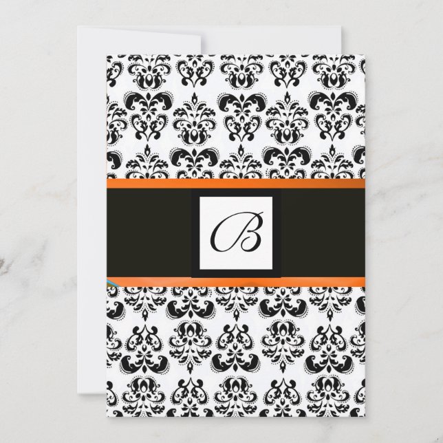 DAMASK MONOGRAM,svart och vitt,gul orange Inbjudningar (Framsida)