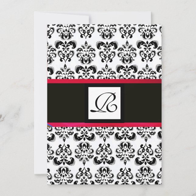 DAMASK MONOGRAM, svart vit, röd burgunder Inbjudningar (Framsida)