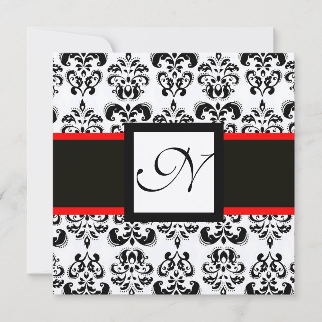 DAMASK MONOGRAM,Svart,Vit,Röd Champagne Metallisk Inbjudningar (Framsida)