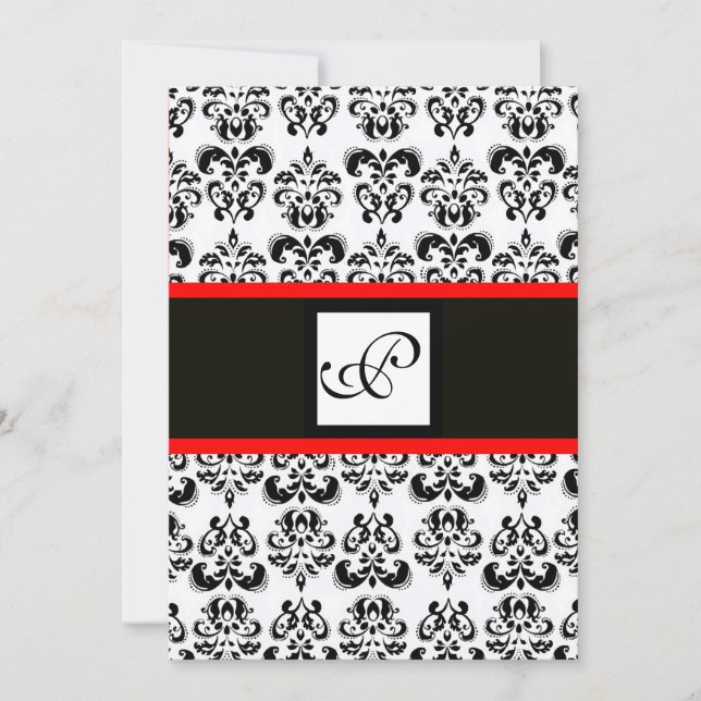 DAMASK MONOGRAM,Svart,Vit,Röd Inbjudningar (Framsida)