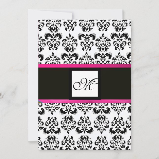 DAMASK MONOGRAM, svart vit, rosa fuchsia violett Inbjudningar (Framsida)