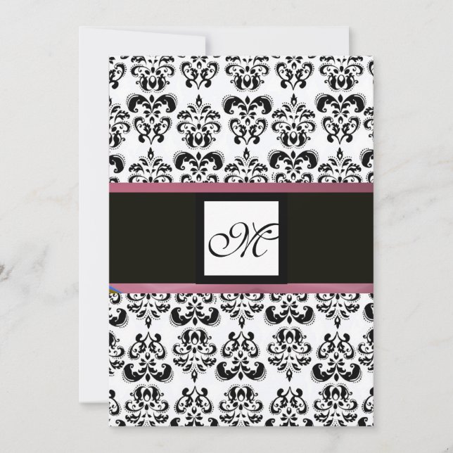 DAMASK MONOGRAM, svart vit, rosa lila violett Inbjudningar (Framsida)