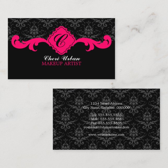 Damask Monogram varmröd Visitkort (Fram/baksida)
