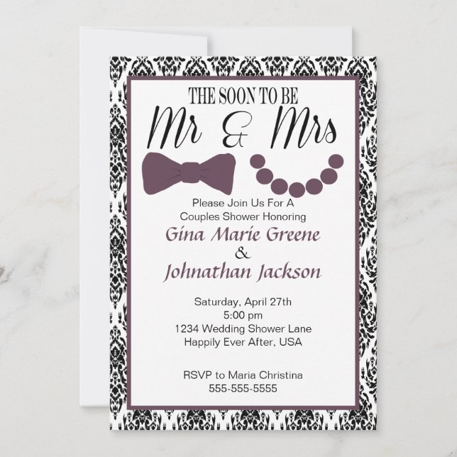 Damask Mr och Shower Invation (Eggplant) Inbjudningar (Framsida)