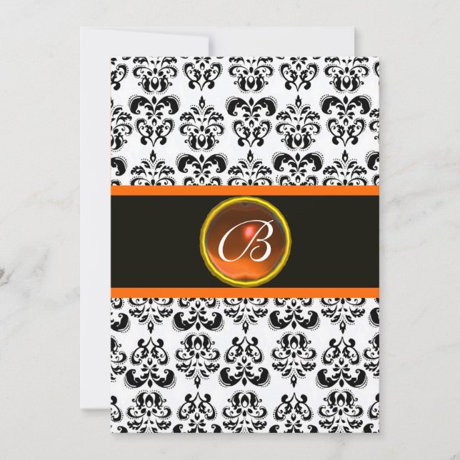 DAMASK ORANGE AGATE MONOGRAM, svart och vit Inbjudningar (Framsida)