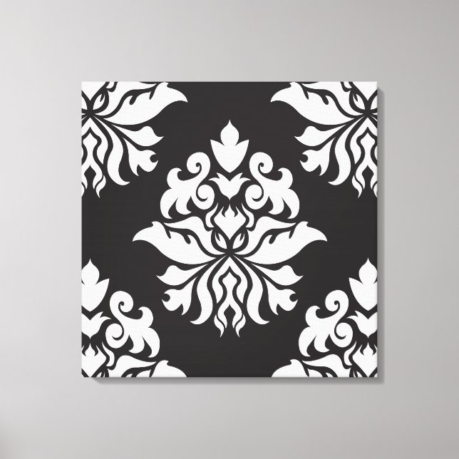 Damask Ornate Repeat Mönster - vit på svart Canvastryck (Framsida)