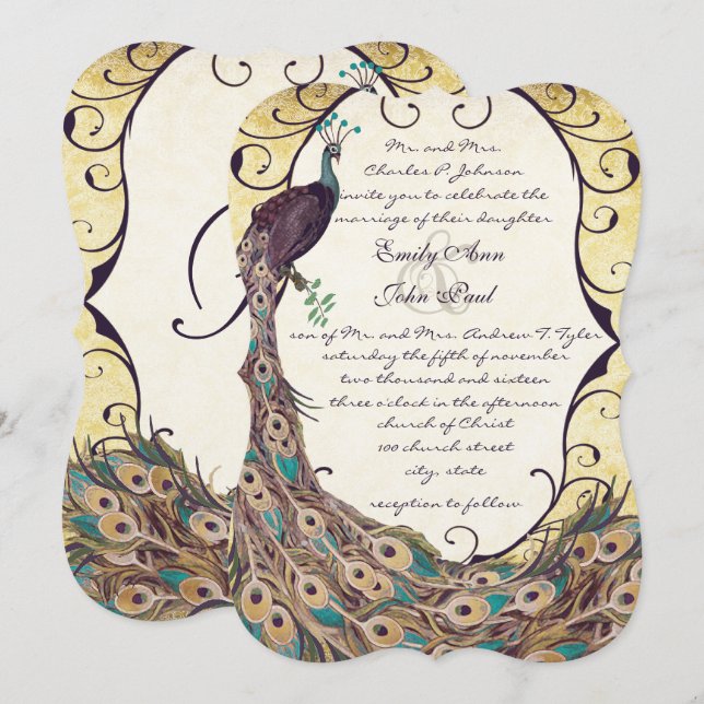 Damask Påfågel Elegans Aubergine Guld och Aqua Inbjudningar (Fram/baksida)