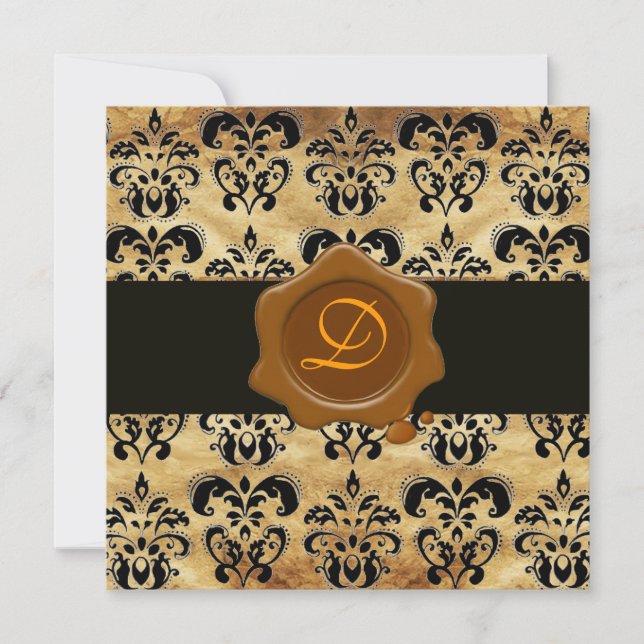 DAMASK PARCHMENT VAX SEAL MONOGRAM, svart och brun Inbjudningar (Framsida)