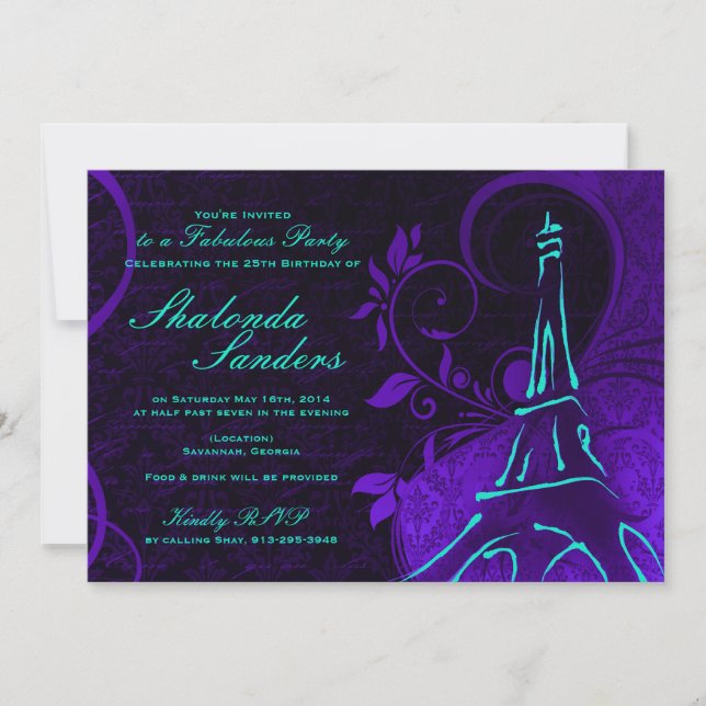 Damask Parisienne: Electric Teal & Lila Birthday Inbjudningar (Framsida)