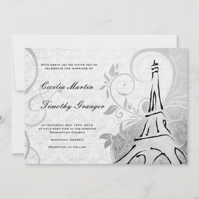 Damask Parisienne - Elegant Svart & Vitt Bröllop Inbjudningar (Framsida)
