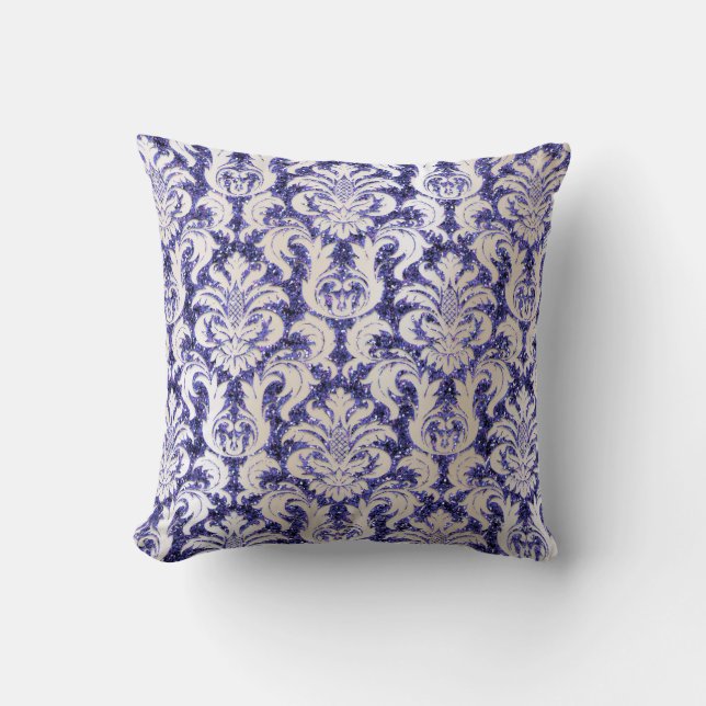 Damask Parly Ivory Glitter Blue Indigo Lux Kudde (Framsida)
