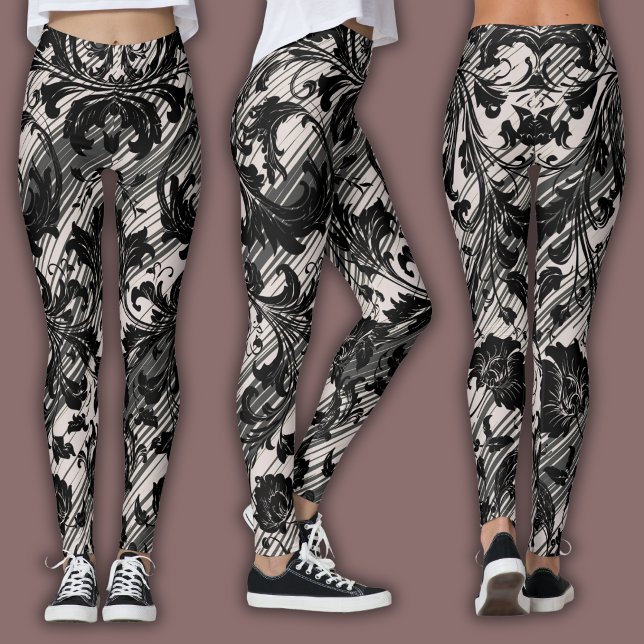 Damask Pattern | Black & Natural Beige Leggings (Skapare uppladdad)