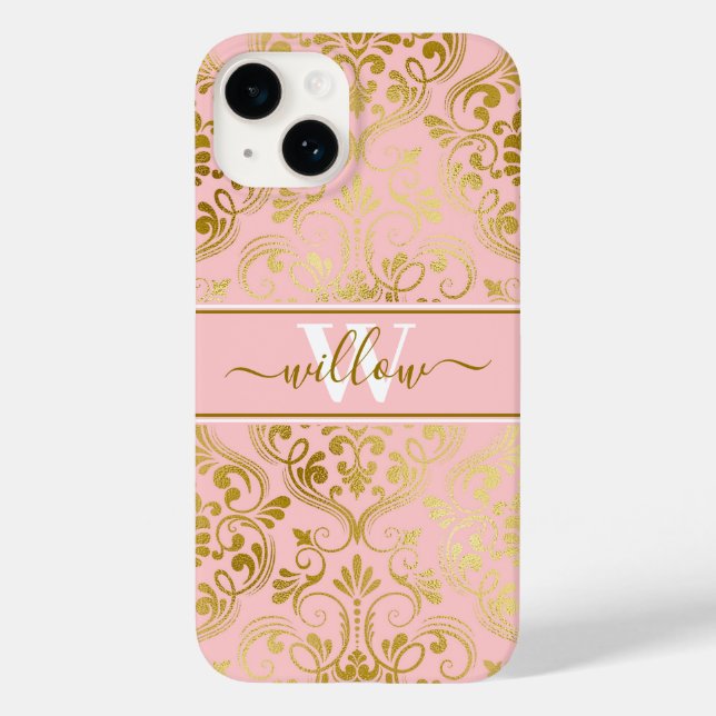 Damask Pattern  Rosa Guld Namn Monogram (Baksida)