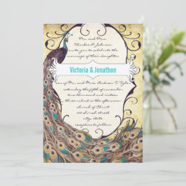 Damask Peacock Elegance Eggplant Guld och Aqua Inbjudningar