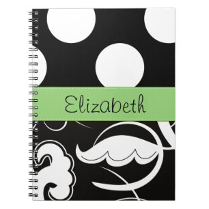 Damask, Polka dots, Svartvit, ditt namn Anteckningsbok Med Spiral
