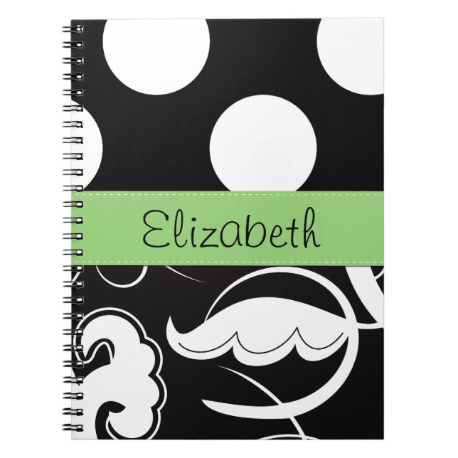 Damask, Polka dots, Svartvit, ditt namn Anteckningsbok Med Spiral (Framsidan)