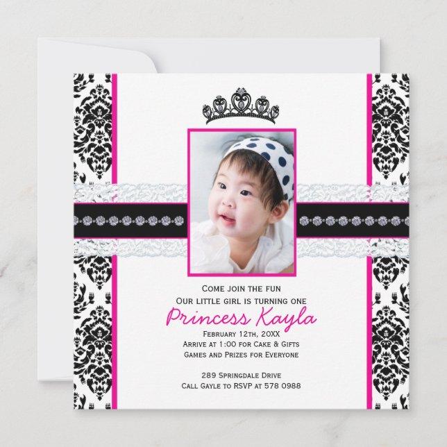 Damask Princess Foto Birthday Inbjudningar 5X7 (Framsida)