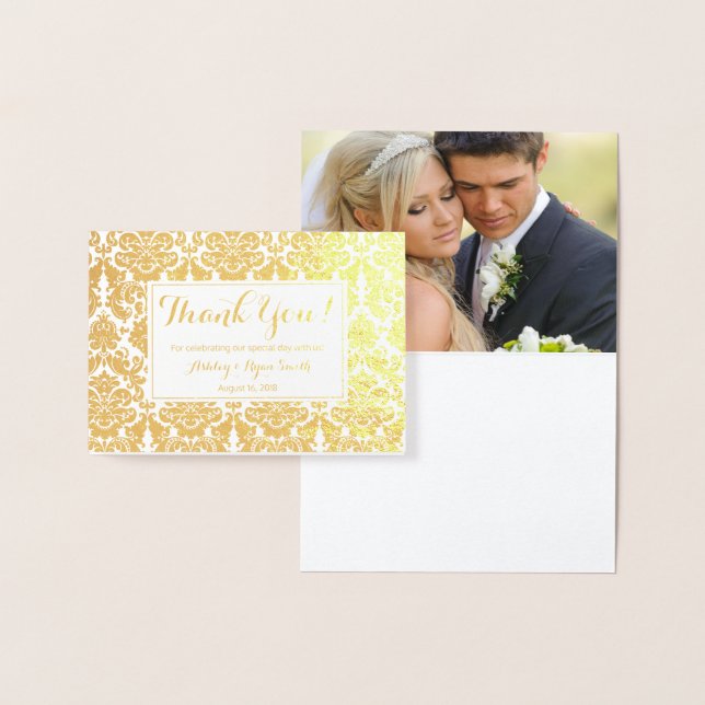 Damask Real Gold Foil Bröllop Photo Tack Folierat Kort (Display)