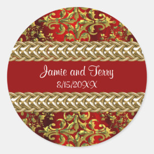 Damask Red Guld, Guld chain Bröllop Sticker Runt Klistermärke
