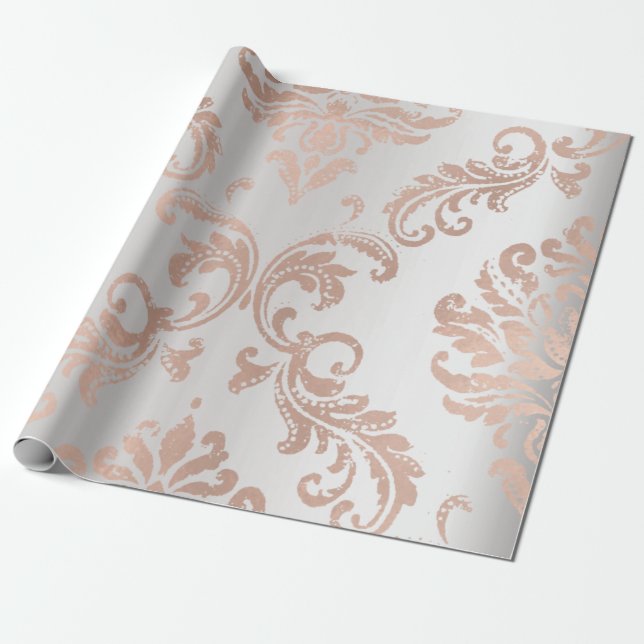 Damask Ro Guld Metallic Grått Ombre Cottage Presentpapper (Utrullad)