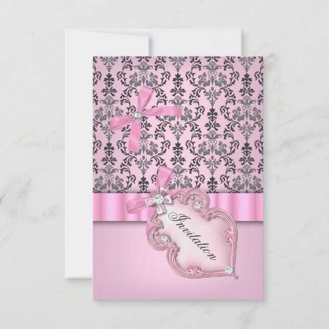 Damask Rosa Grå Silver Födelsedagsfest Inbjudningar (Framsida)