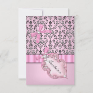 Damask Rosa Grå Silver Födelsedagsfest Inbjudningar