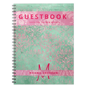 Damask Rosa Mint Grönt Baby Shower Guest Bok Anteckningsbok