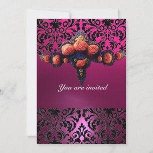 DAMASK ROSA OCH RÖDA ROSOR MONOGRAM INBJUDNINGAR
