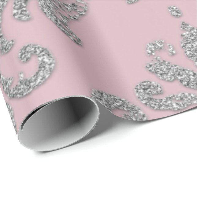 Damask Rosa Pastel Royal Metallic Silver Glitter Presentpapper (Rullad Hörn)