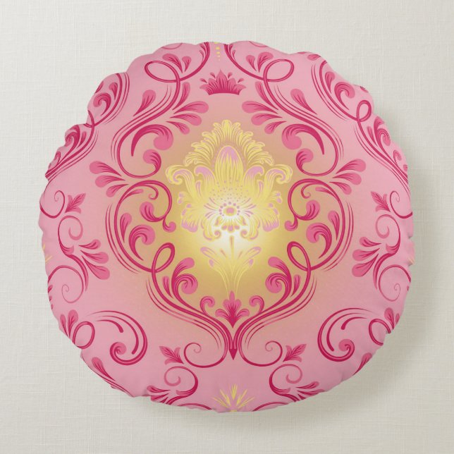 Damask rosa, röd och gul rund kudde (Framsidan)