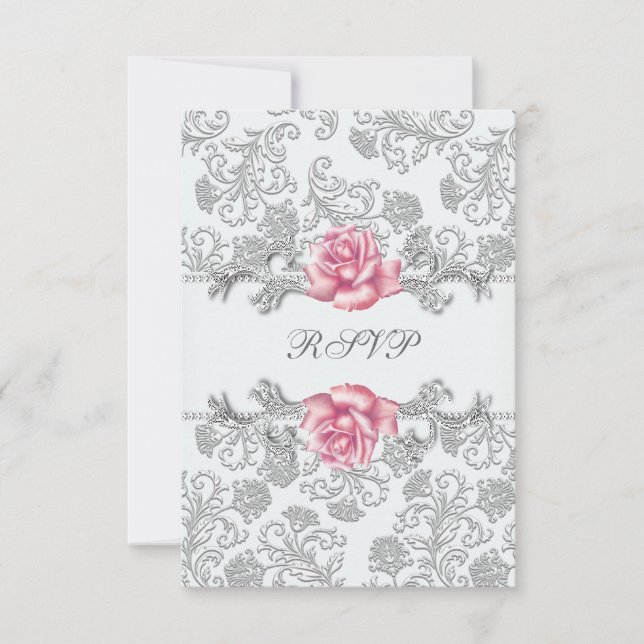 Damask Rosa Ros Flickor Första Nattvarden RSVP OSA Kort (Framsida)