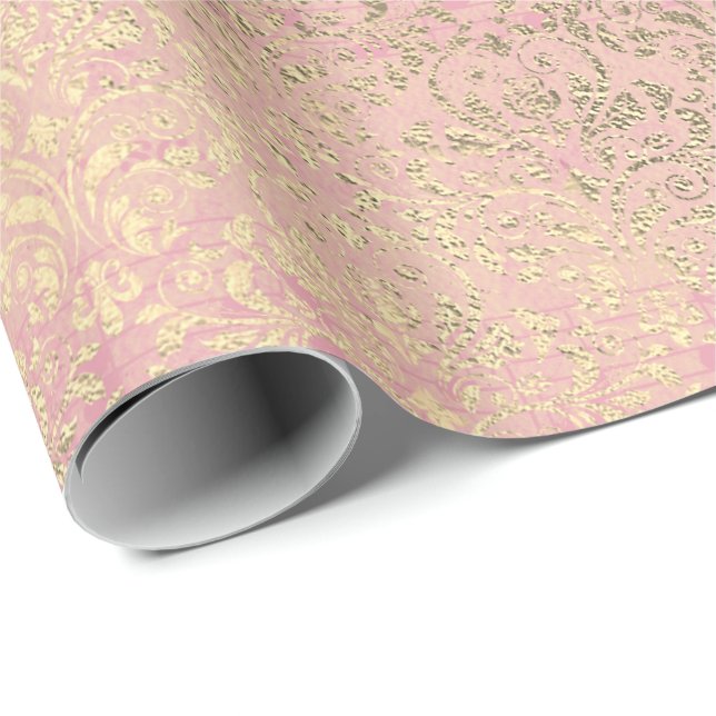 Damask  Rosa ros Guld Foxier Salmon Royal Presentpapper (Rullad Hörn)
