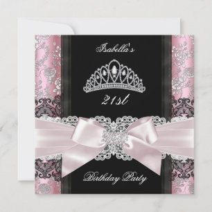 Damask Rosa Ros Svart Vit Tiara Födelsedagsfest Inbjudningar