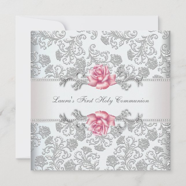 Damask Rosa Rosa Flickors Första Nattvard Inbjudningar (Framsida)